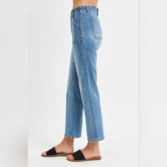 RISEN High-Rise Bootcut Cropped Ankle Mom Jeans 90s Patch Pocket Denim Pants - Picture 2 of 13